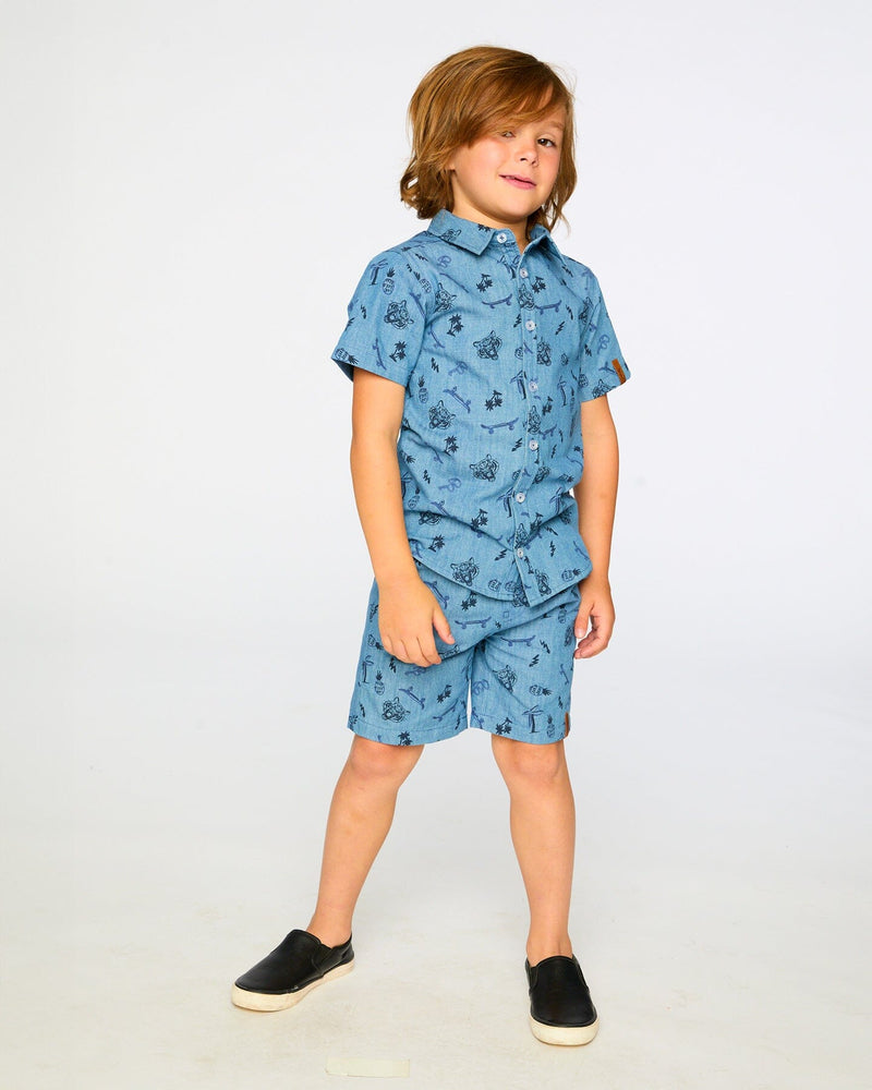 Chambray Shorts Blue Printed Skateboards