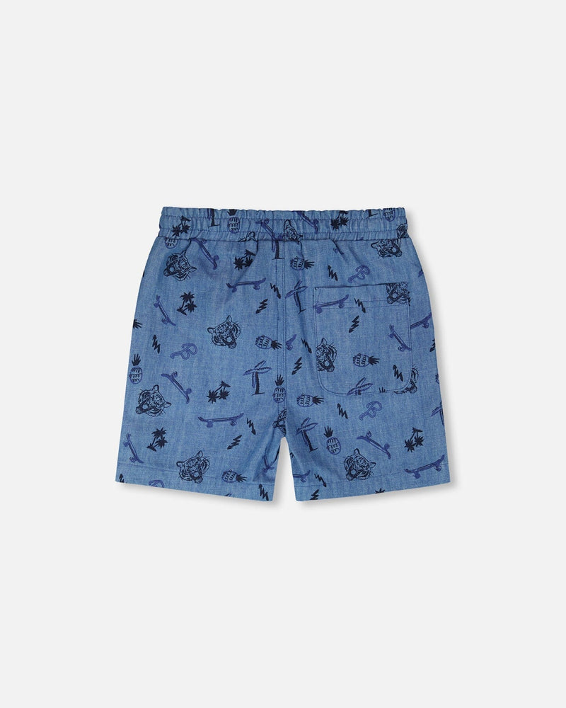 Chambray Shorts Blue Printed Skateboards