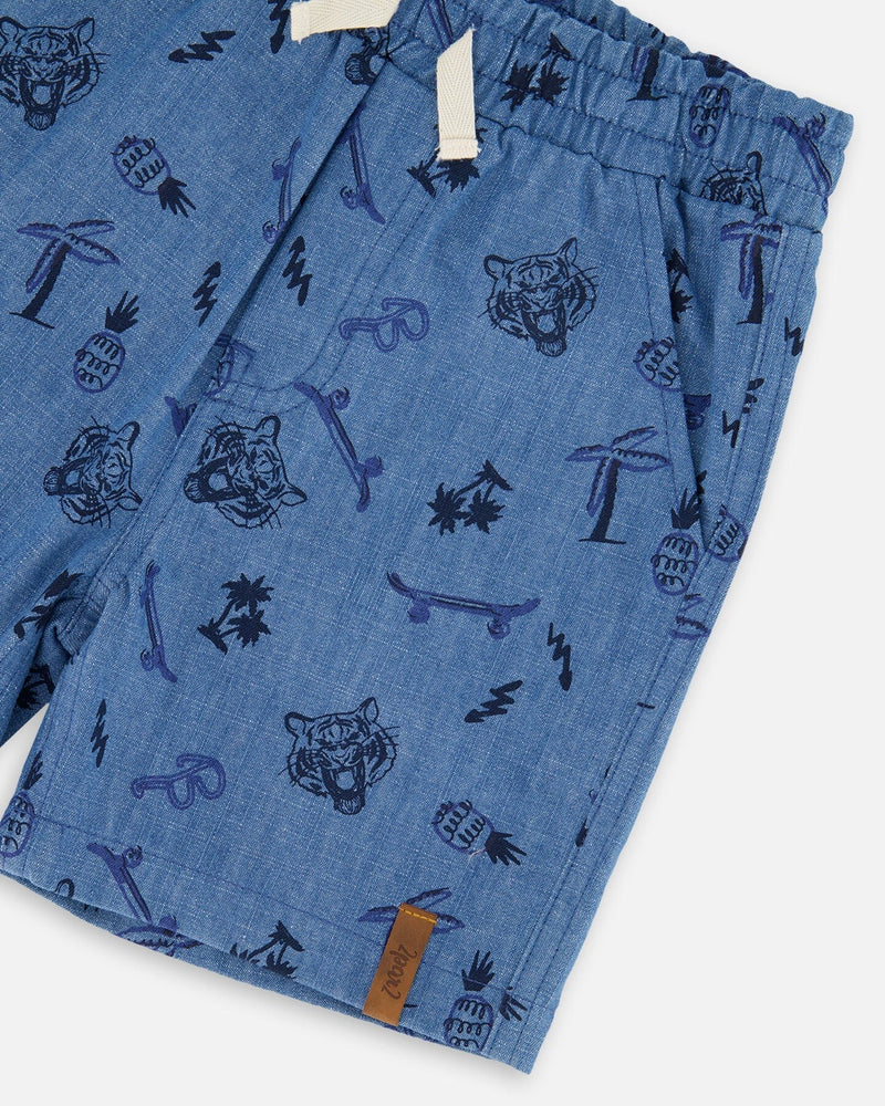 Chambray Shorts Blue Printed Skateboards