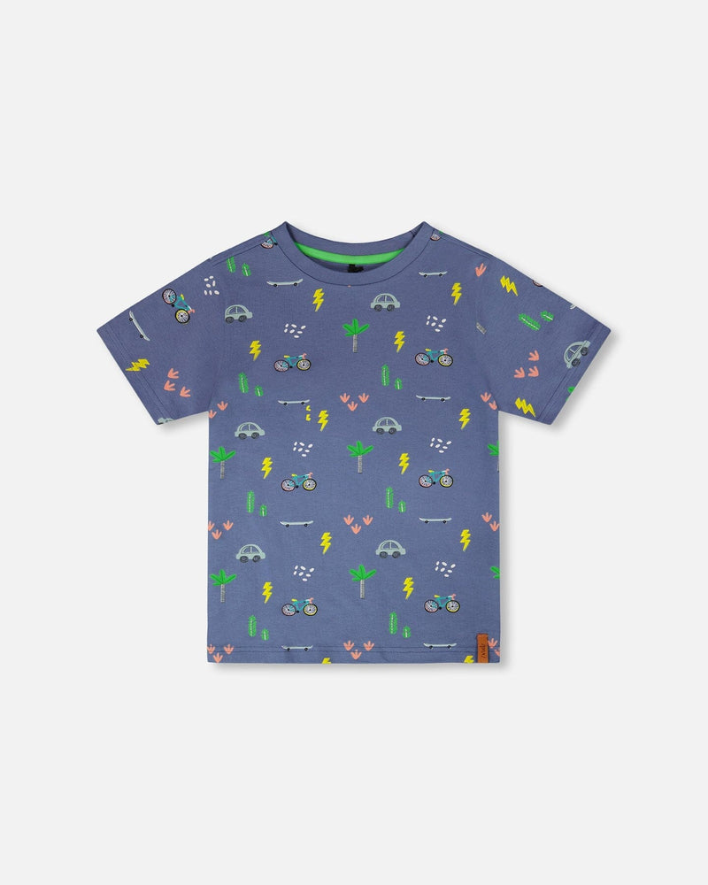 Organic Cotton Jersey T-Shirt Blue Bicycle Print