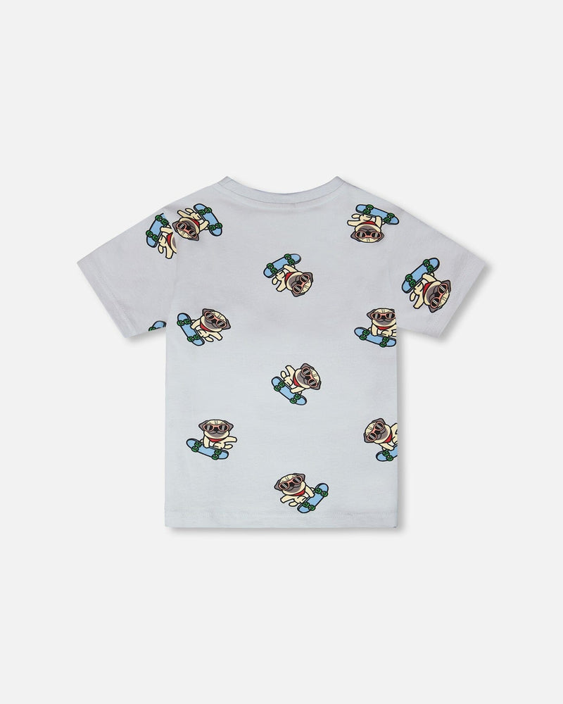 Organic Cotton Jersey T-Shirt Blue Pug Print
