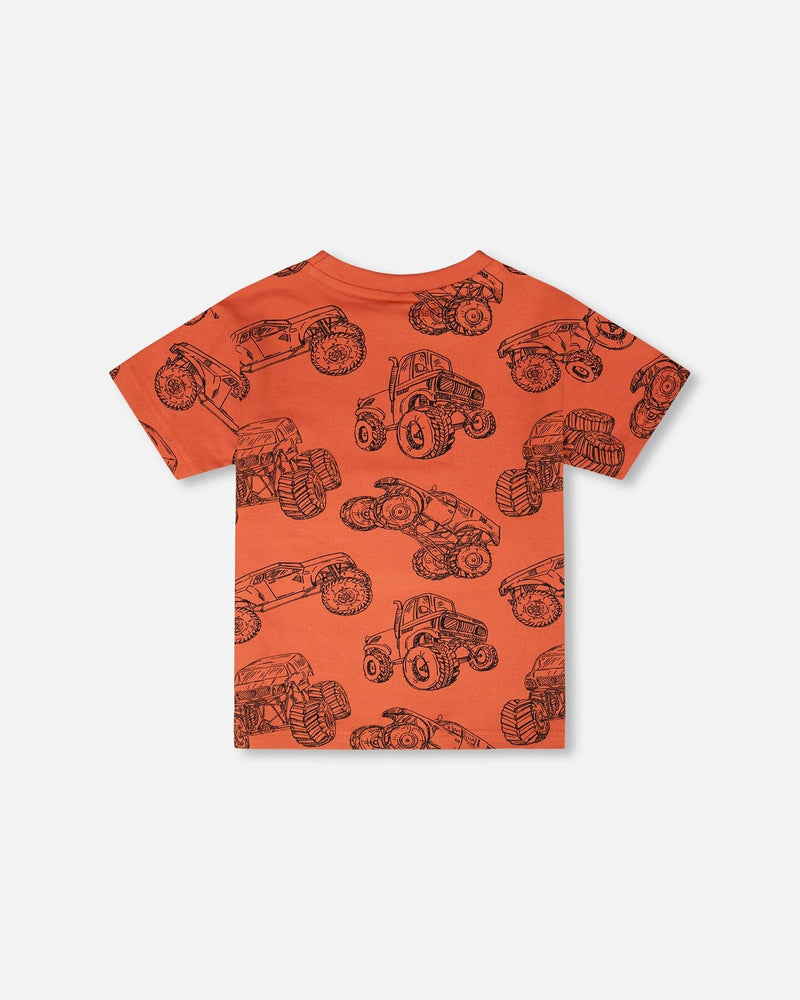 Organic Cotton Jersey T-Shirt Orange Printed Trucks