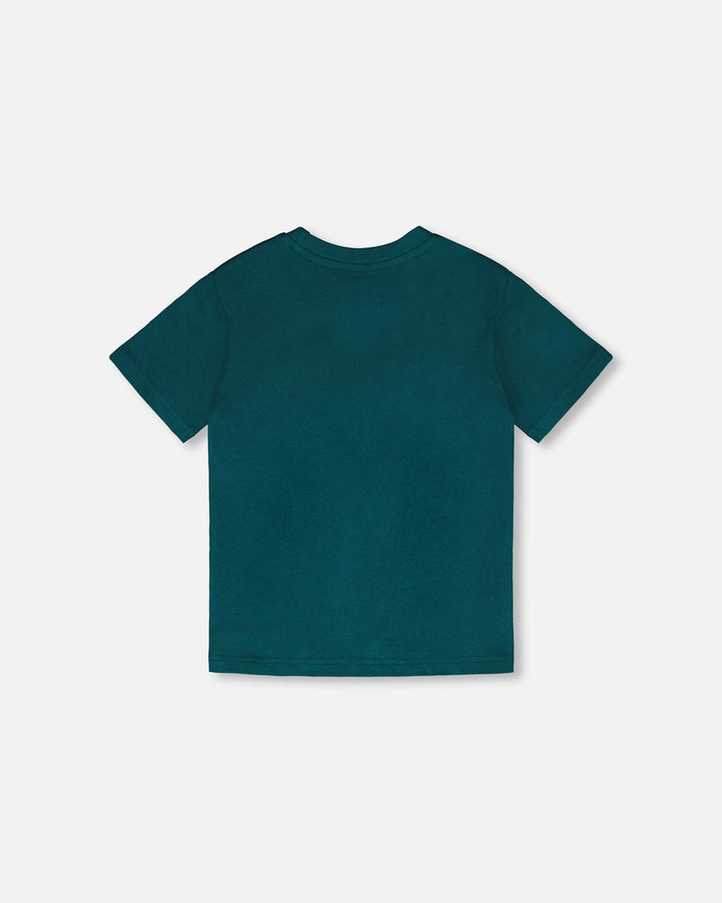 Organic Cotton Jersey T-Shirt With Print Dark Turquoise
