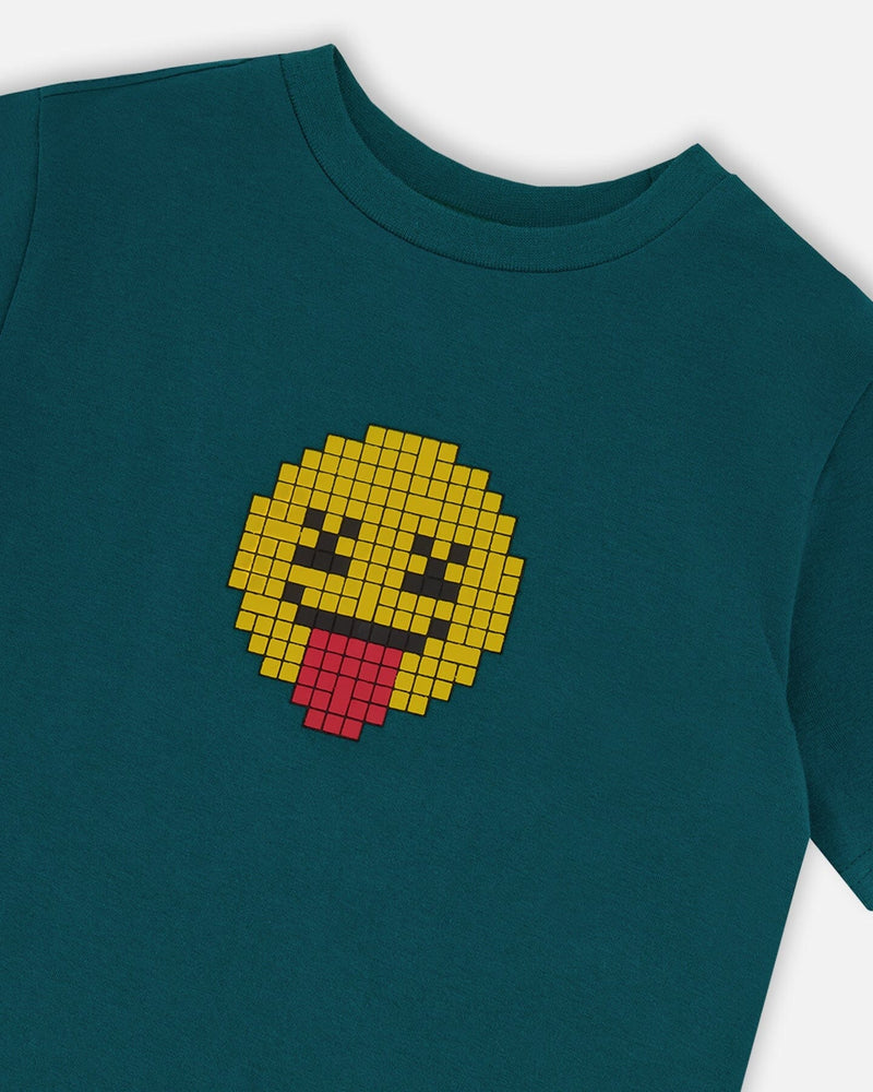Organic Cotton Jersey T-Shirt With Print Dark Turquoise