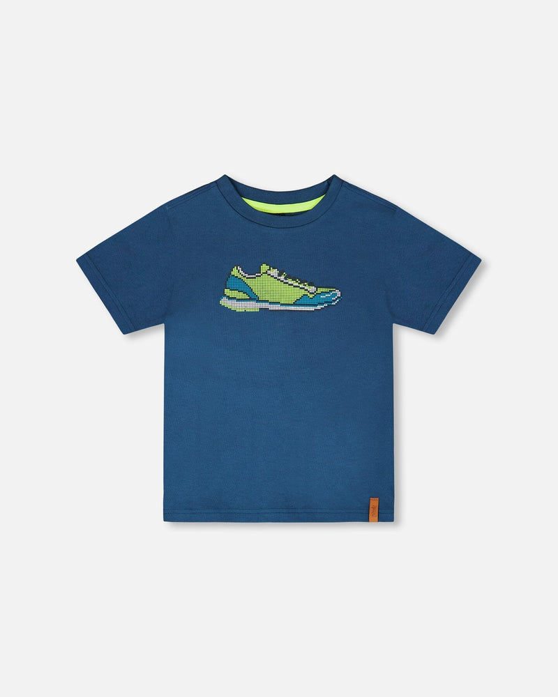 Organic Cotton Jersey T-Shirt With Print Dark Blue