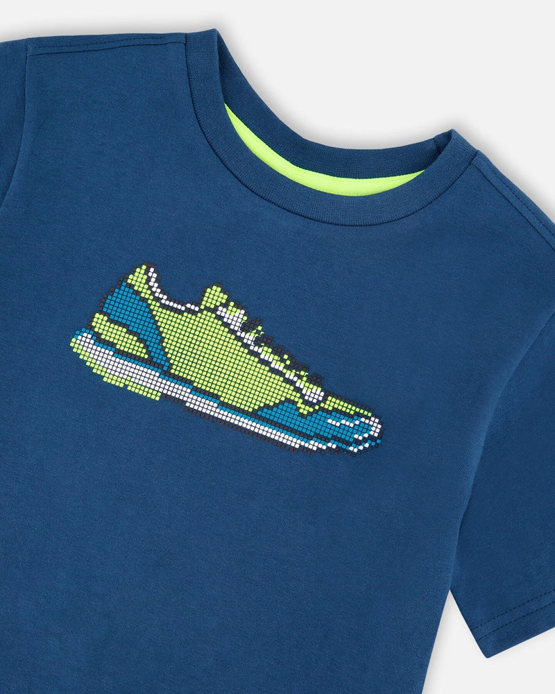 Organic Cotton Jersey T-Shirt With Print Dark Blue