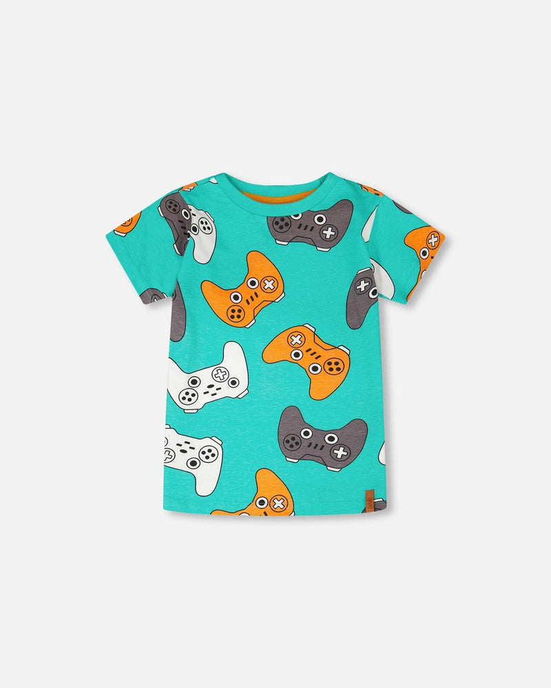 Organic Cotton Jersey T-Shirt Blue Printed Gamepads