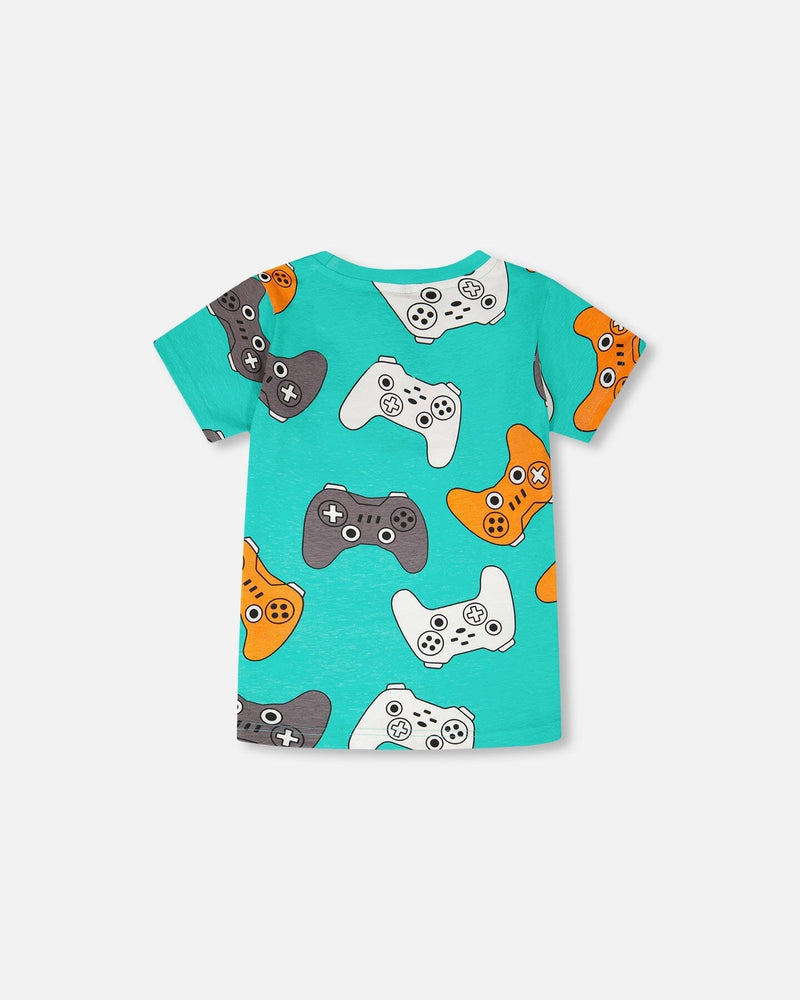 Organic Cotton Jersey T-Shirt Blue Printed Gamepads