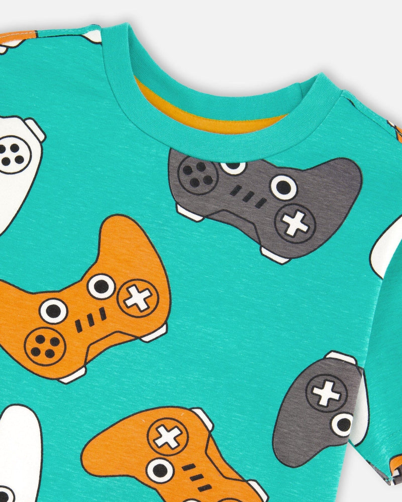 Organic Cotton Jersey T-Shirt Blue Printed Gamepads