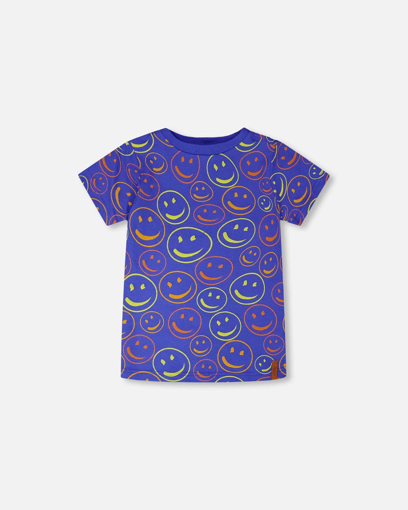 Organic Cotton Jersey T-Shirt Blue Smiley Print