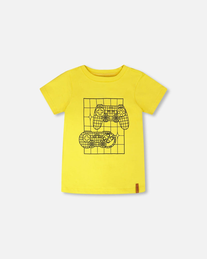 Organic Cotton Jersey T-Shirt With Gamer Print Yellow