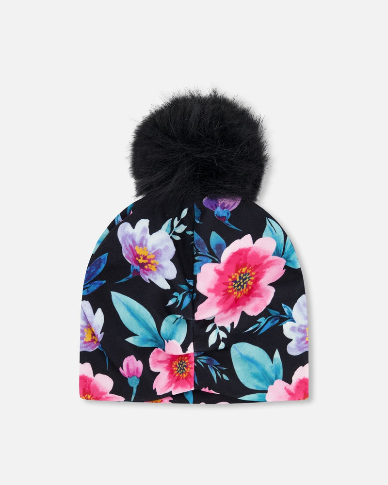 Stretch Jersey Hat Black Printed Flowers With Pompom