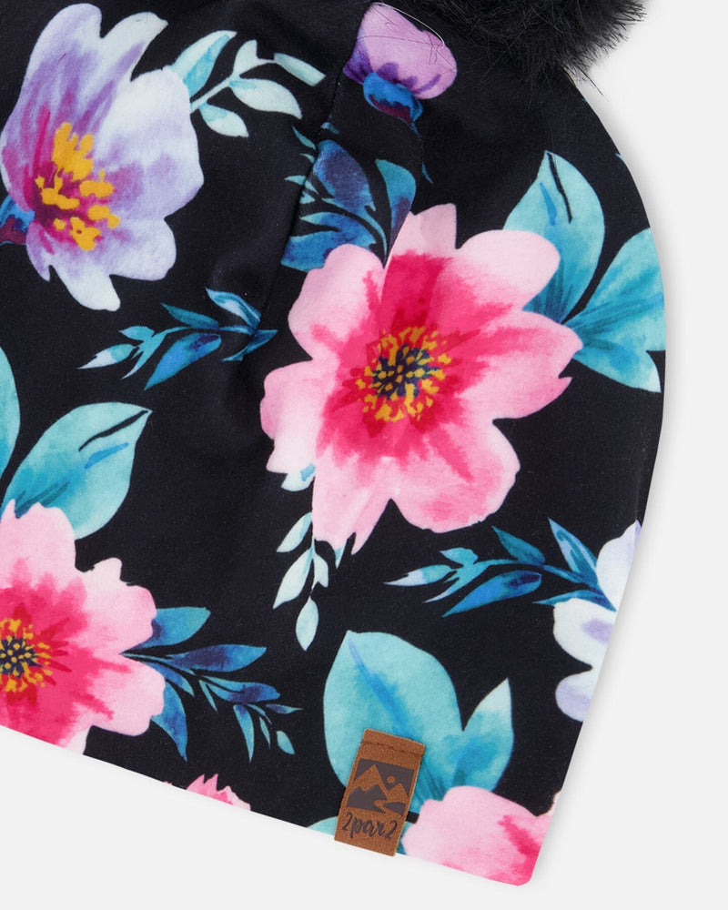 Stretch Jersey Hat Black Printed Flowers With Pompom