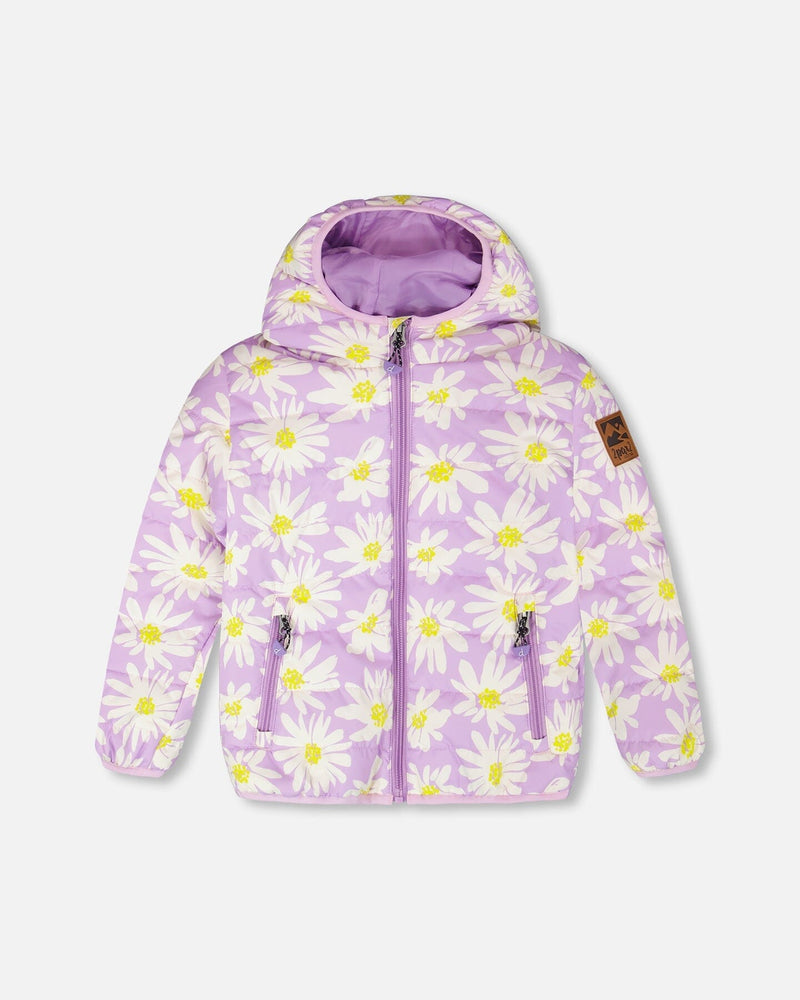 Quilted Mid-Season Jacket Purple Daisy Print
