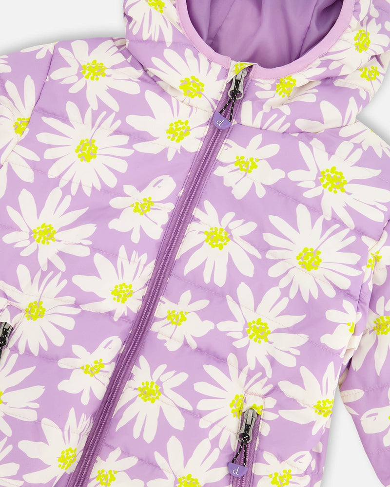 Quilted Mid-Season Jacket Purple Daisy Print