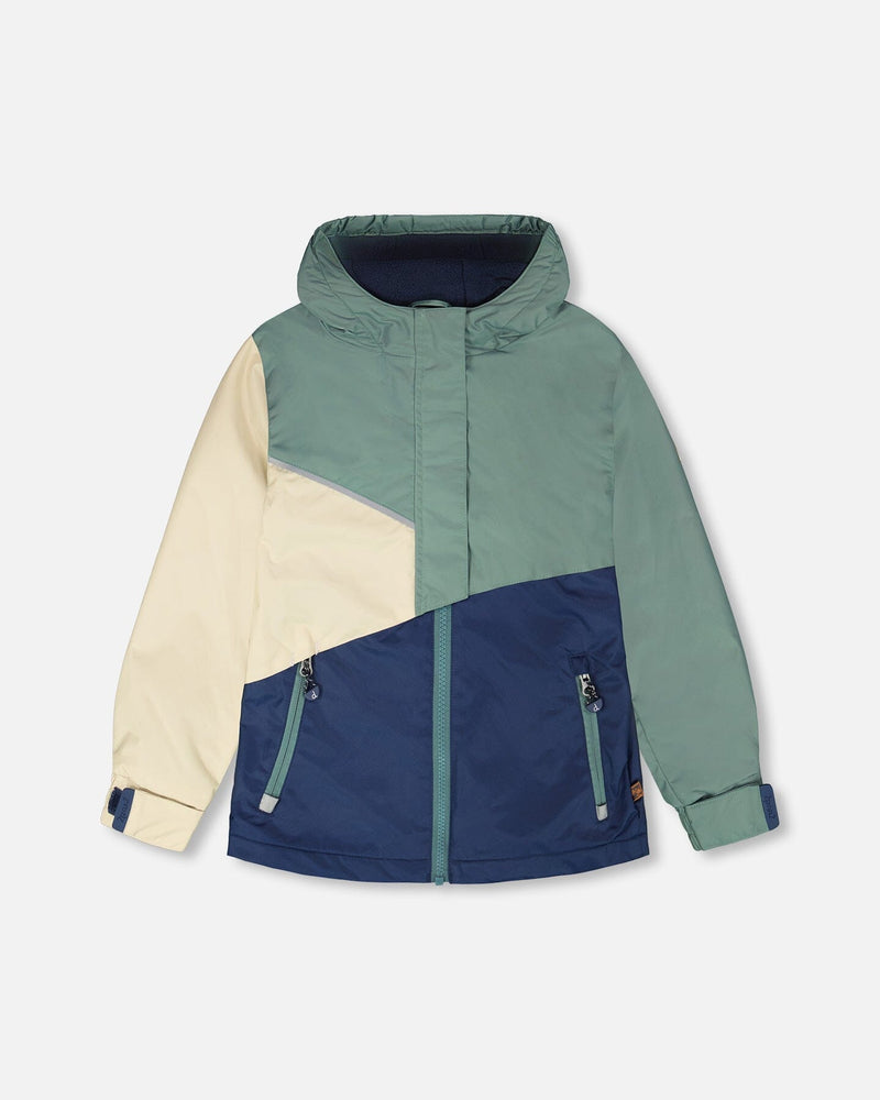 Mid-Season Jacket In Recycled Polyester Dark Green, Beige And Navy