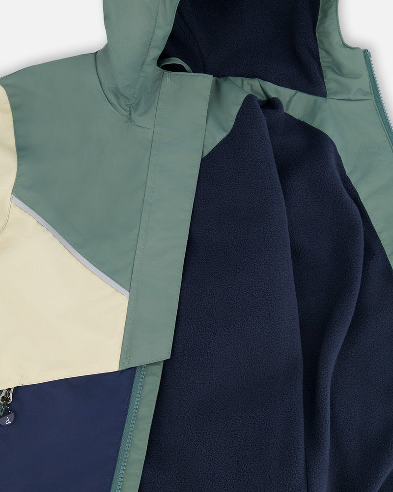 Mid-Season Jacket In Recycled Polyester Dark Green, Beige And Navy