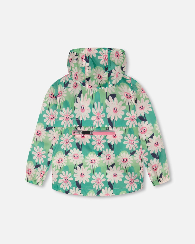 Packable Windbreaker In Polyester Green Smiling Flower Print