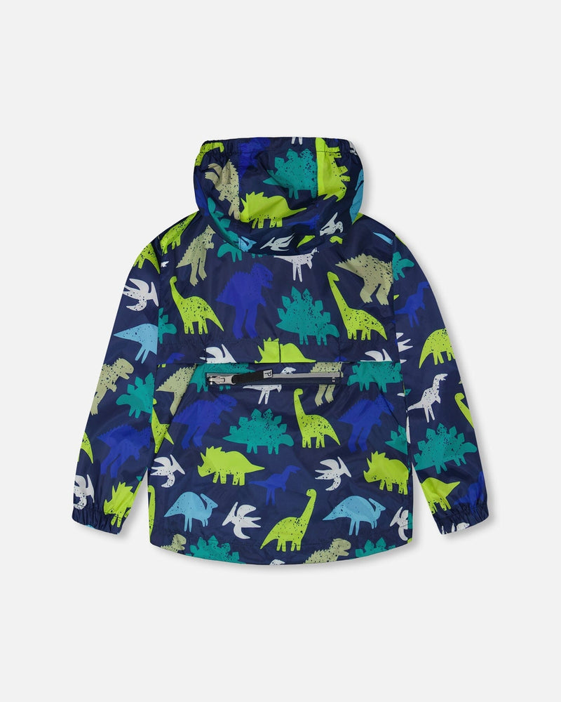 Packable Windbreaker In Polyester Blue Dinosaur Print