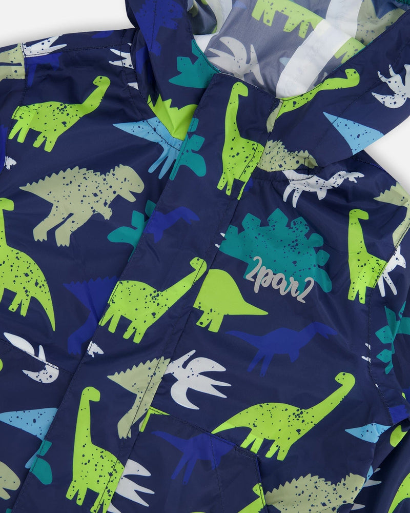 Packable Windbreaker In Polyester Blue Dinosaur Print
