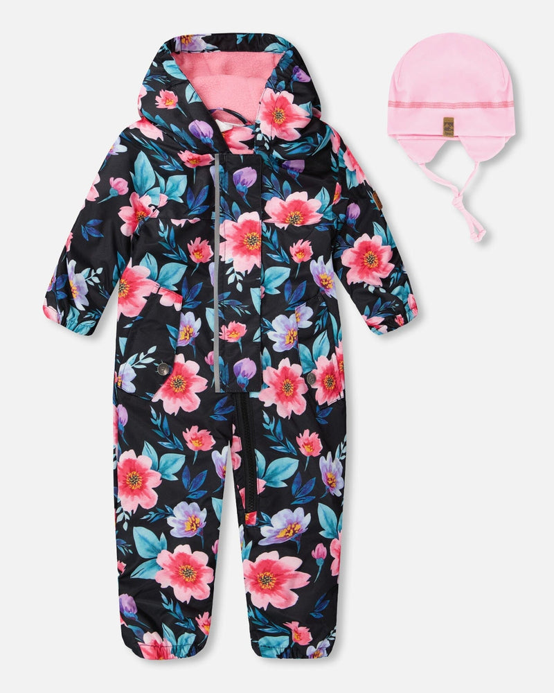 Baby Mid-Season One-Piece Outerwear With Hat Black Printed Flowers