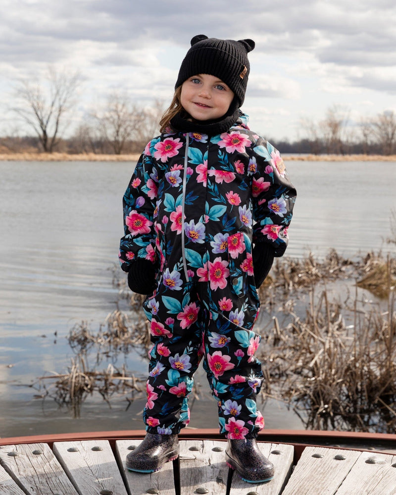 Baby Mid-Season One-Piece Outerwear With Hat Black Printed Flowers