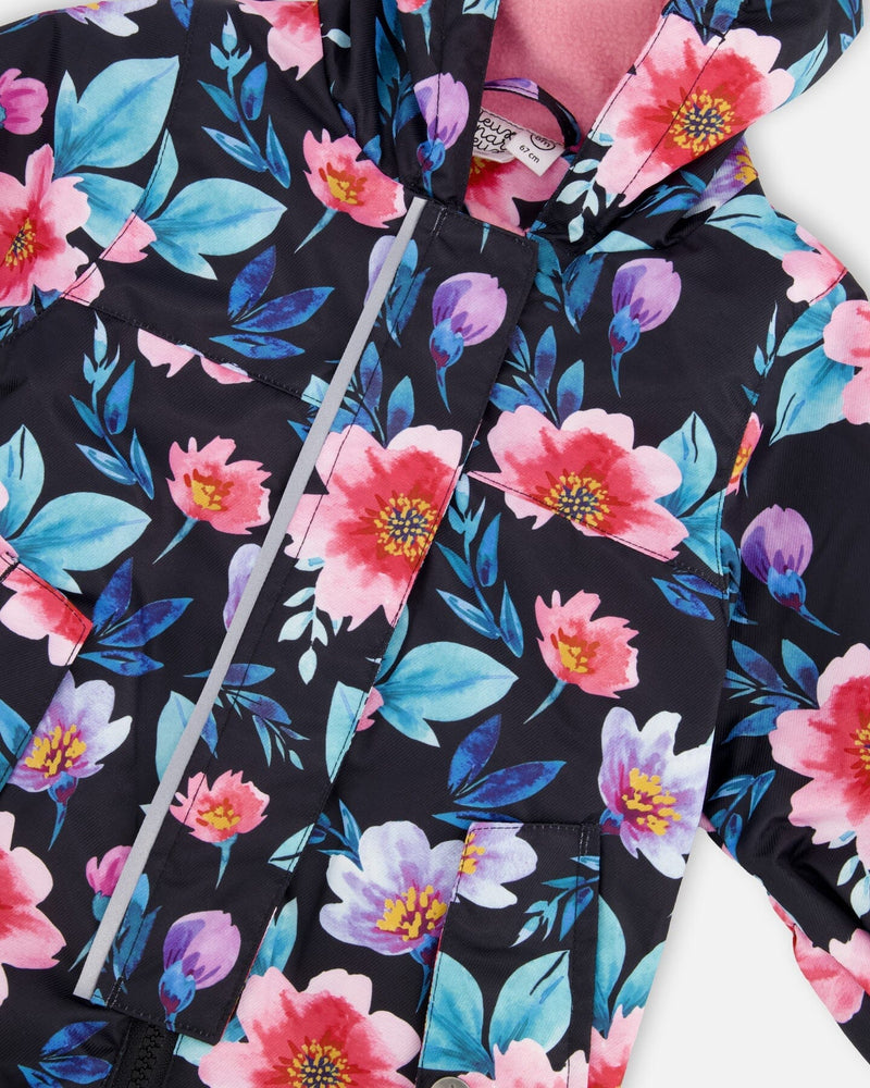 Baby Mid-Season One-Piece Outerwear With Hat Black Printed Flowers