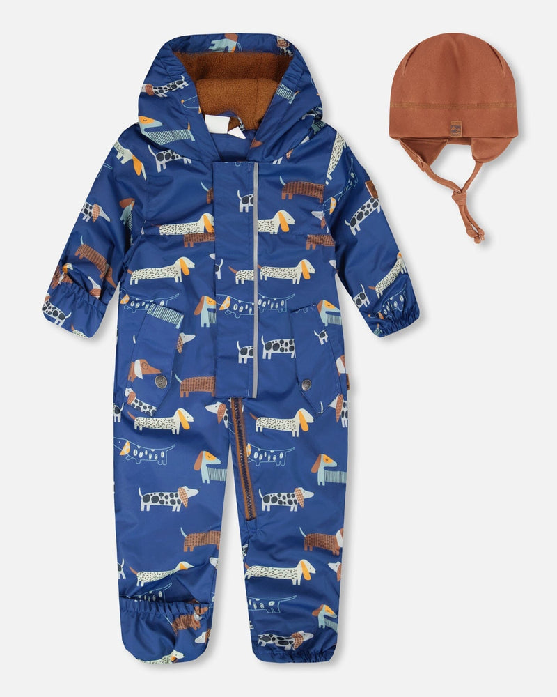 Baby Mid-Season One-Piece Outerwear With Hat Blue Dog Print