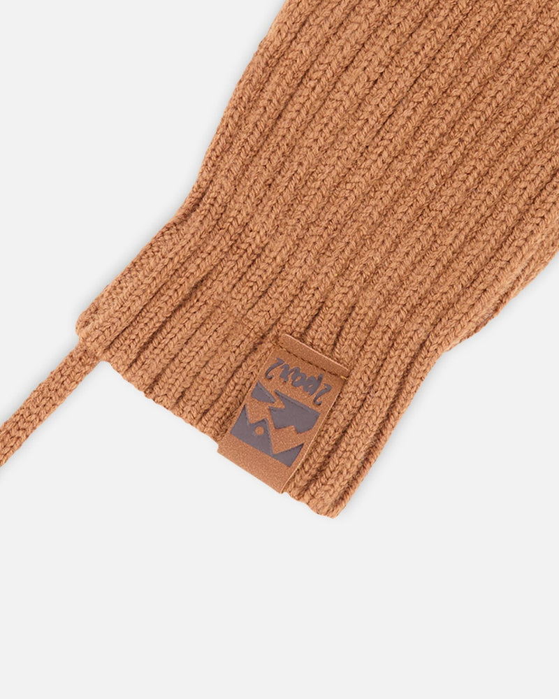 Baby Knit Mittens With Cord Brown