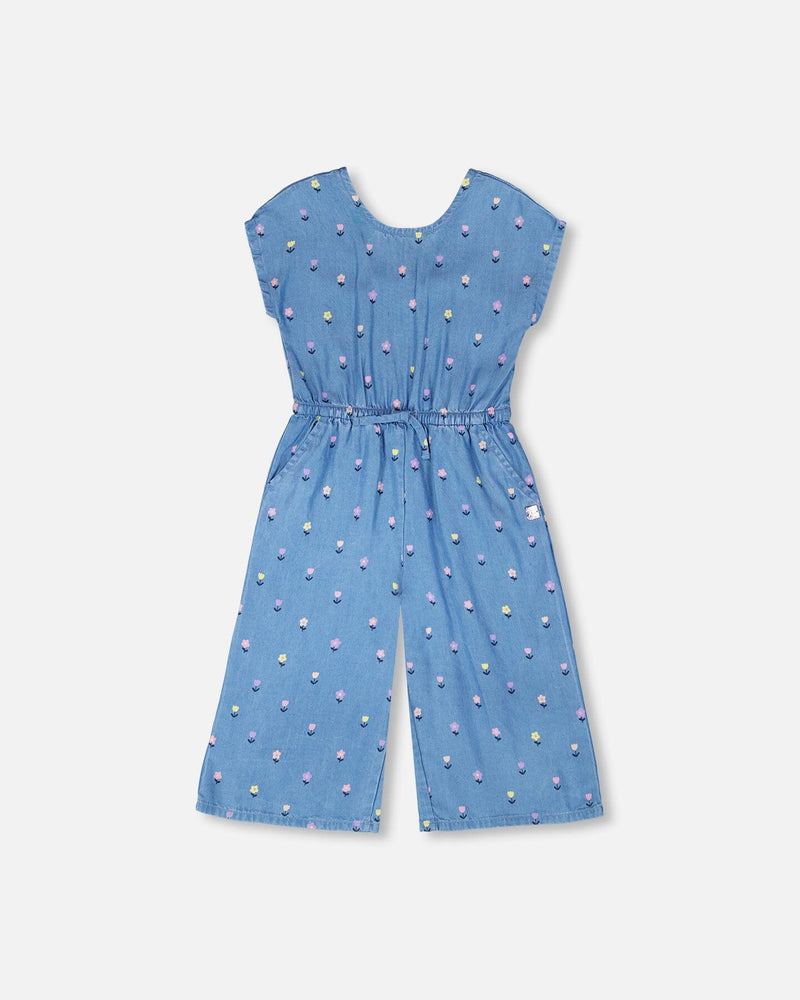 Chambray Jumpsuit Blue Flower Print