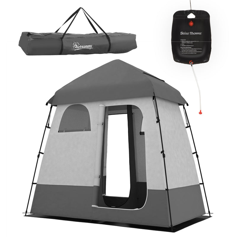 Outsunny Outdoor Portable Pop Up Shower Tent Changing Tent Privacy Enclosure with 2 Rooms, Shower Bag, Floor for Camping, Dark Grey