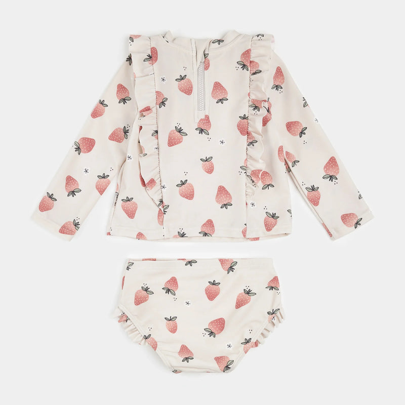 Strawberry Print on Crème Long-Sleeve Rashguard Set | Petit Lem