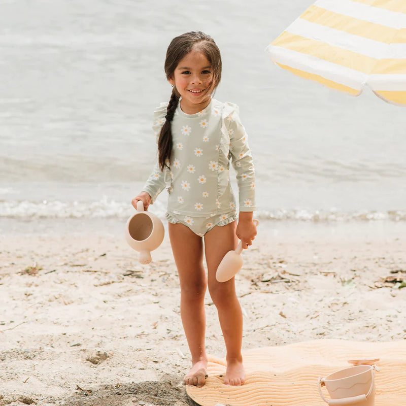 Daisy Print on Desert Sage Long-Sleeve Rashguard Set | Petit Lem