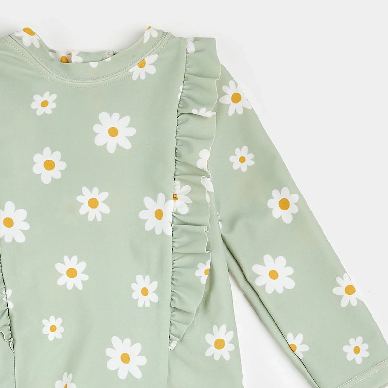 Daisy Print on Desert Sage Long-Sleeve Rashguard Set | Petit Lem