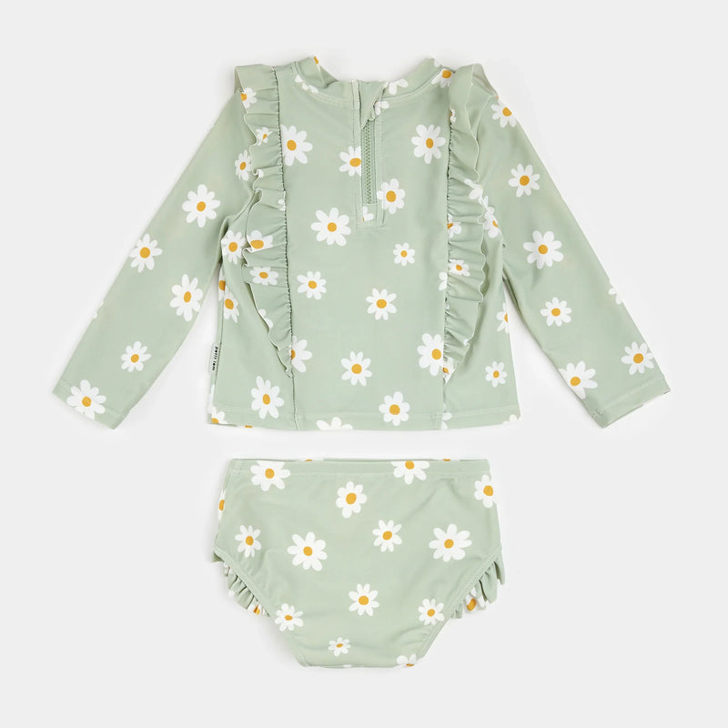 Daisy Print on Desert Sage Long-Sleeve Rashguard Set | Petit Lem