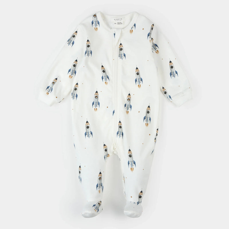 Rocket Print on Off White Footed Sleeper | Petit Lem