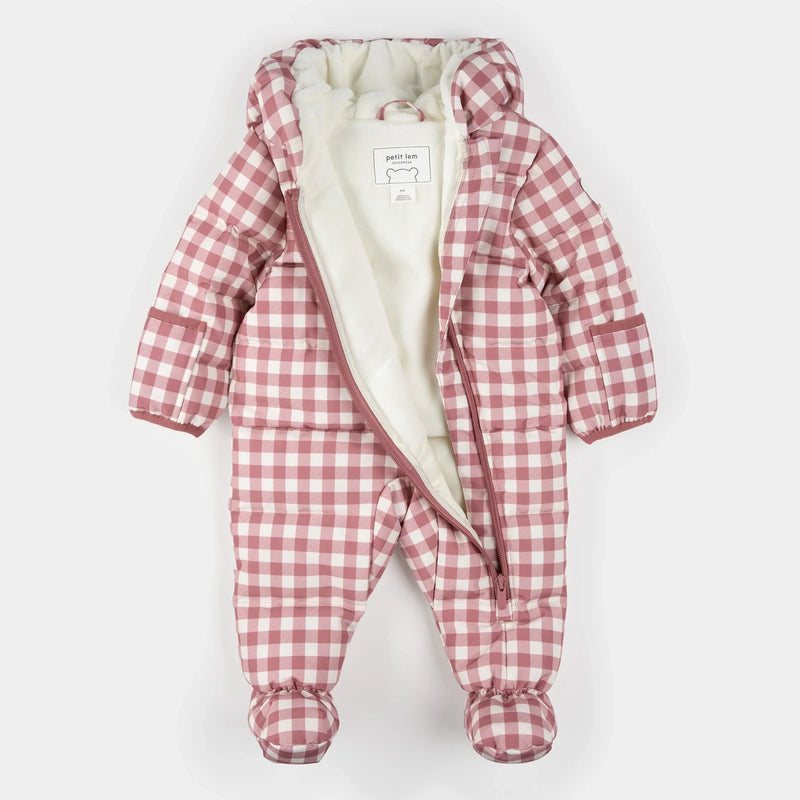 Hooded Baby Snowsuit | Plum Gingham | Petit Lem