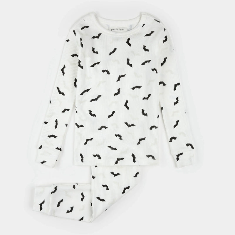 Bats Glow in the Dark Print on Off-White PJ Set | Petit Lem