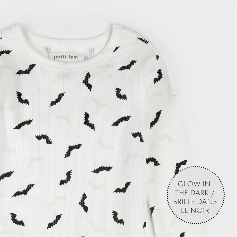 Bats Glow in the Dark Print on Off-White PJ Set | Petit Lem