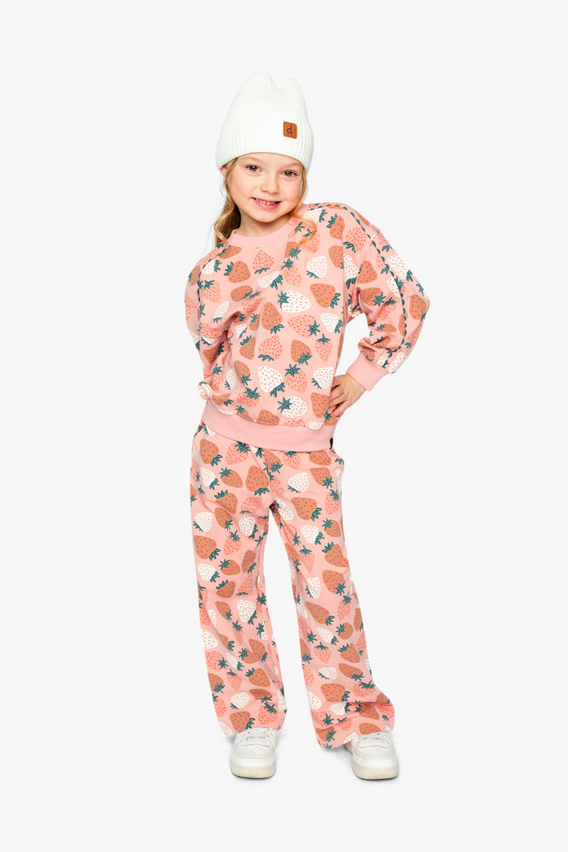 Wide Leg Sweatpants Pink Strawberry Print