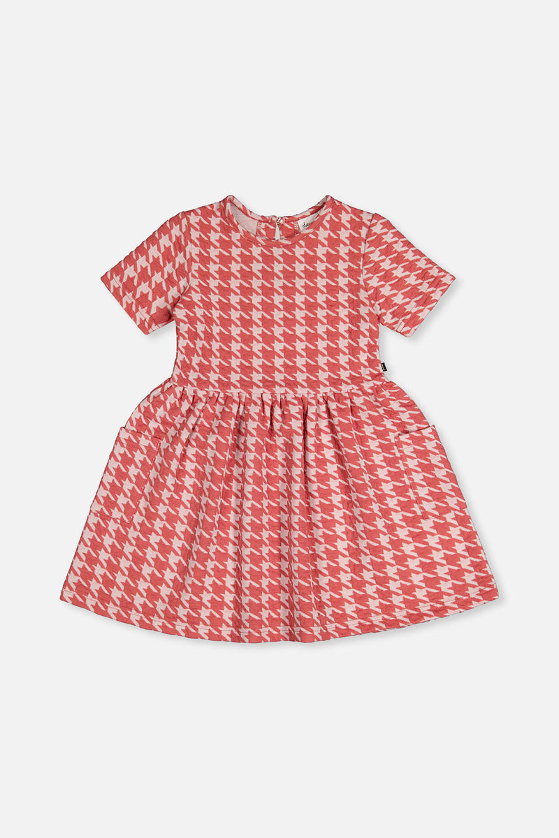 Short Sleeve Dress With Pockets Pink And White Houndstooth