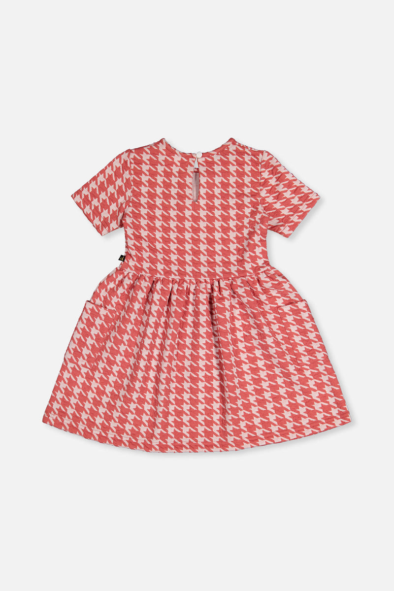 Short Sleeve Dress With Pockets Pink And White Houndstooth