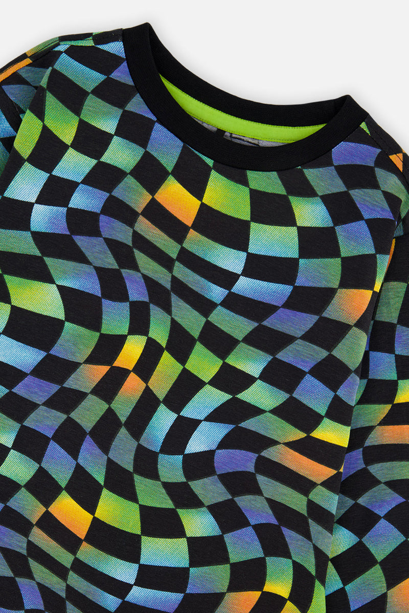 Organic Cotton Long Sleeve T-Shirt Blue Checkered Print