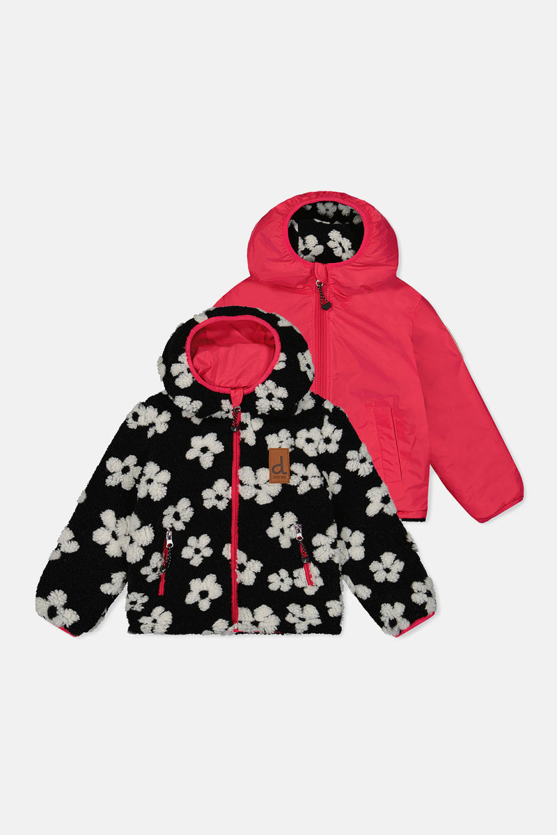 Reversible Mid-Season Jacket Pink And Black Printed Flowers