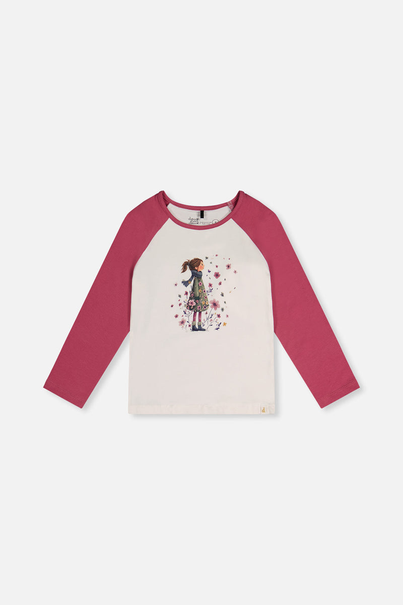 Raglan Organic Cotton T-Shirt Pinkish Violet And White