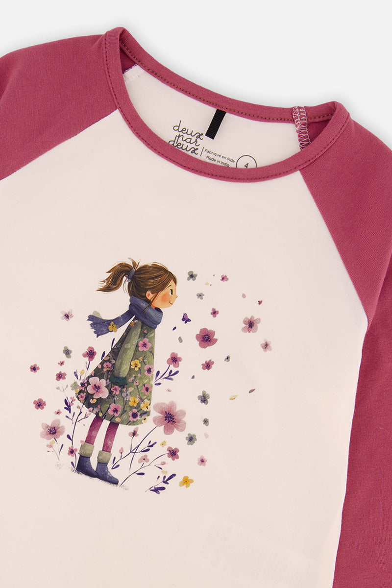 Raglan Organic Cotton T-Shirt Pinkish Violet And White