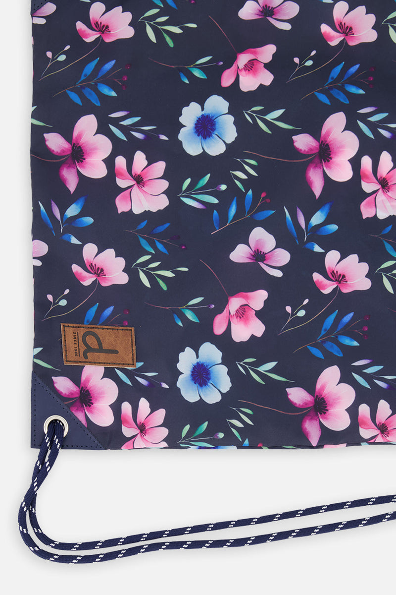 Drawstring Bag Blue Floral Print