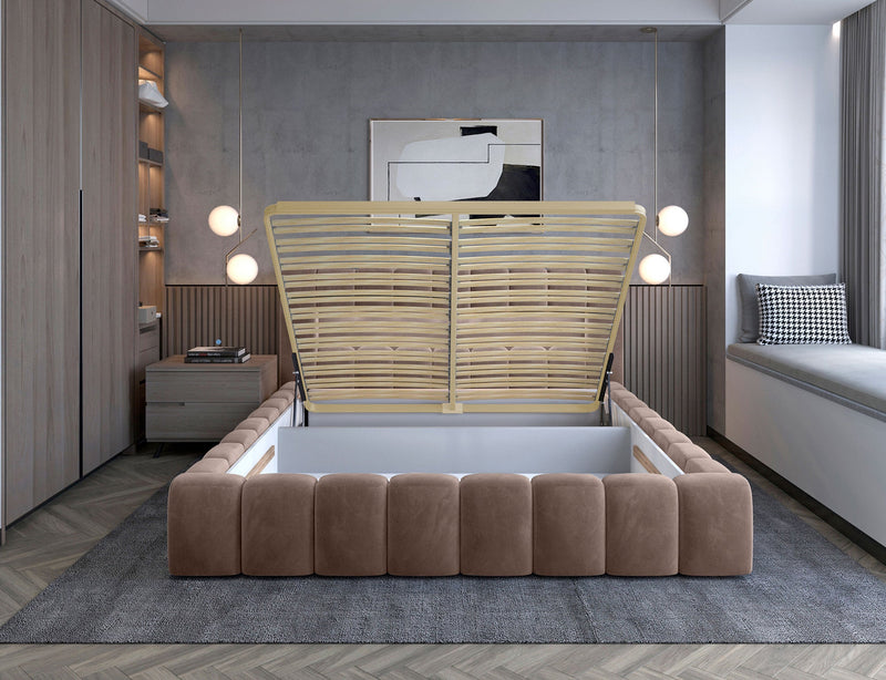 Lamica Upholstered LED Storage Platform Bed - Beige