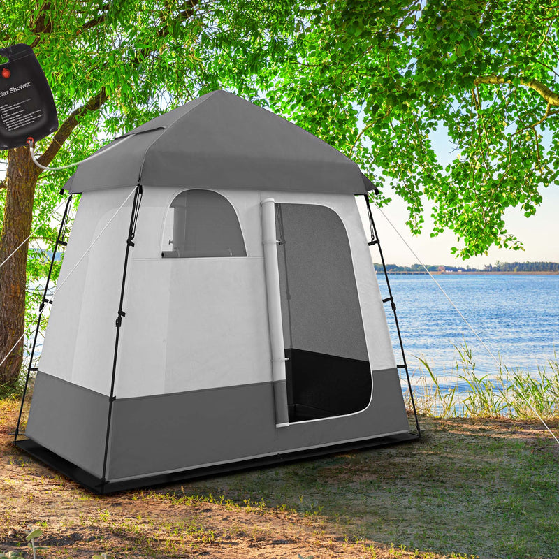 Outsunny Outdoor Portable Pop Up Shower Tent Changing Tent Privacy Enclosure with 2 Rooms, Shower Bag, Floor for Camping, Dark Grey