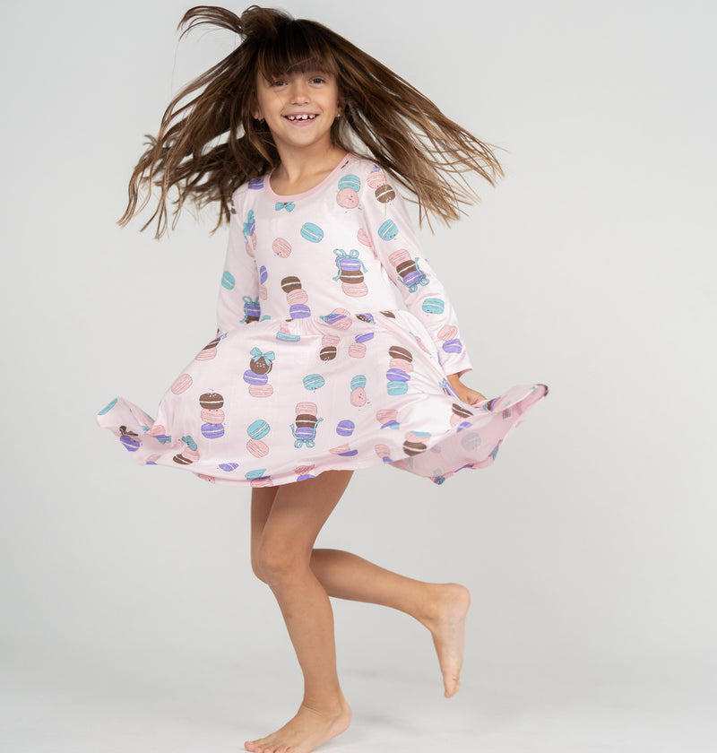 Bamboo Jersey Long Sleeve Twirl Dress w/ Bloomer (Macaron Party Print)